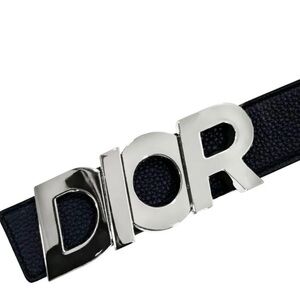 Dior Metallic Silver Logo Belt with Dark Blue Strap